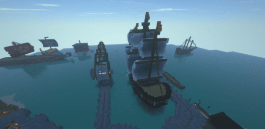 Ein Schiff liegt im Hafen einer Minecraft-Welt.