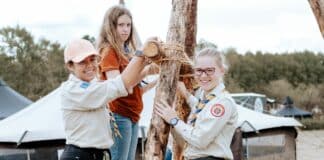 Royal Rangers: „Ein Stück Himmel auf Erden erleben“ Drei Mädchen bauen mit Holz.