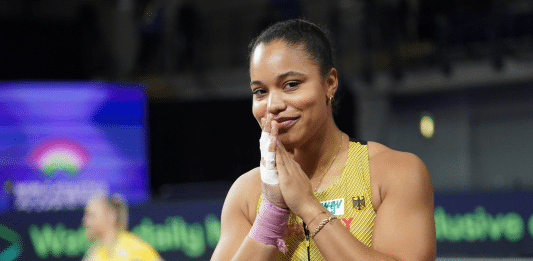 Yemisi Ogunleye bei der Hallen WM Glasgow 2024