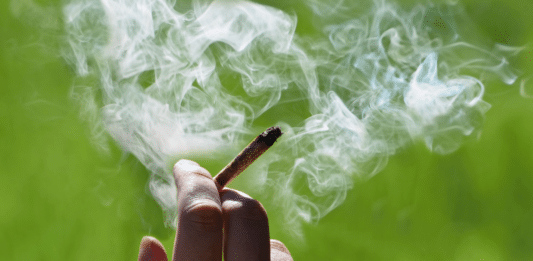 Hand, die einen Joint in der Hand hält und rauch steigt auf.