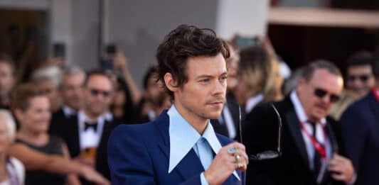 Der Sänger Harry Styles steht vor einer Menschenmenge.