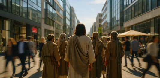 Jesus und seine Jünger in der Einkaufszone einer modernen Großstadt