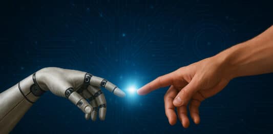 Finger eines Roboters und menschlicher Finger berühren sich. Inspiriert durch Deckenfresko von Michelangelo