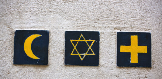 Religiöse Symbole Halbmond, Davidsstern und Kreuz