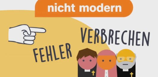 Drei Cartoon-Kleriker werden betitelt mit "Verbrechen", "nicht modern", "Fehler"