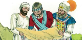 Was bedeuten diese biblischen Begriffe? Drei antike Figuren rätseln um eine Landkarte.