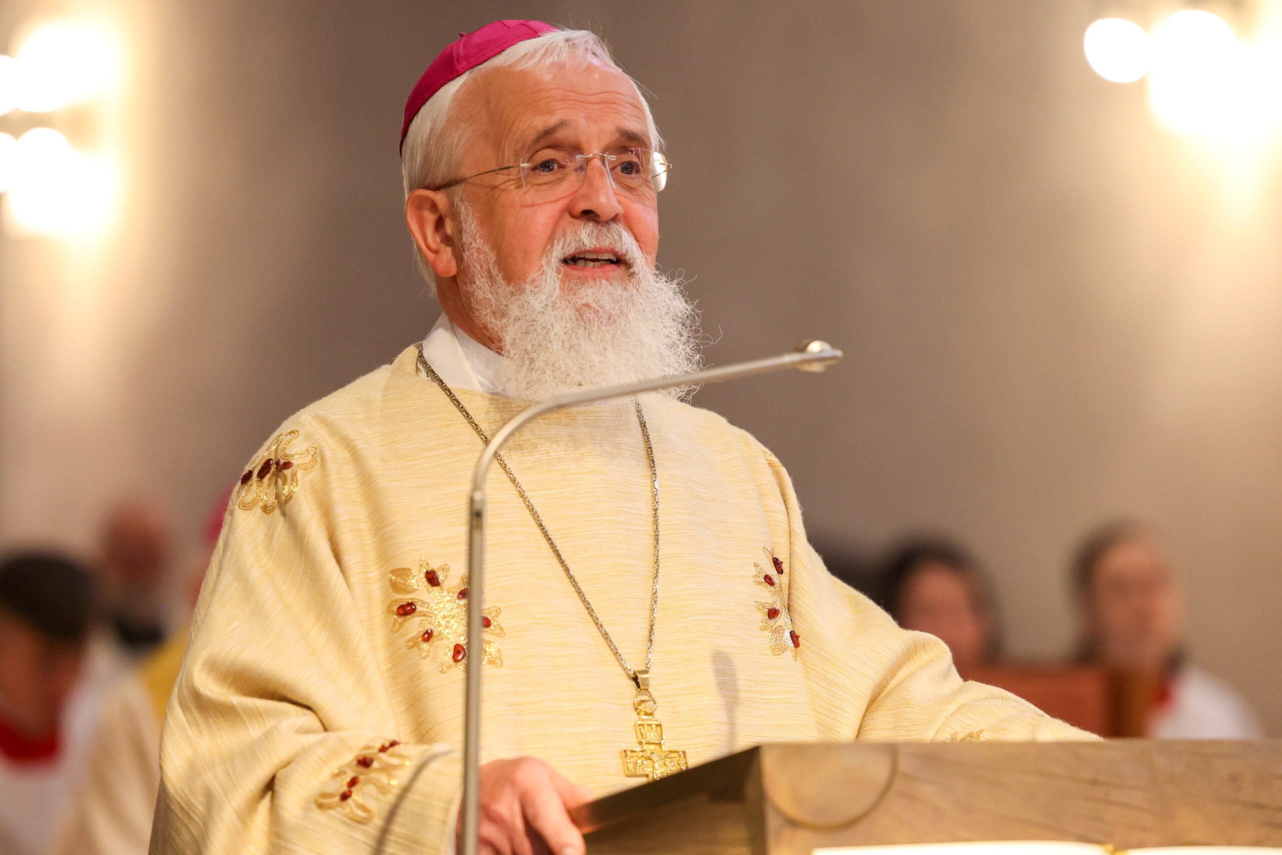 Bischof Gerhard Feige spricht zu Gläubigen bei einem Festgottesdienst.